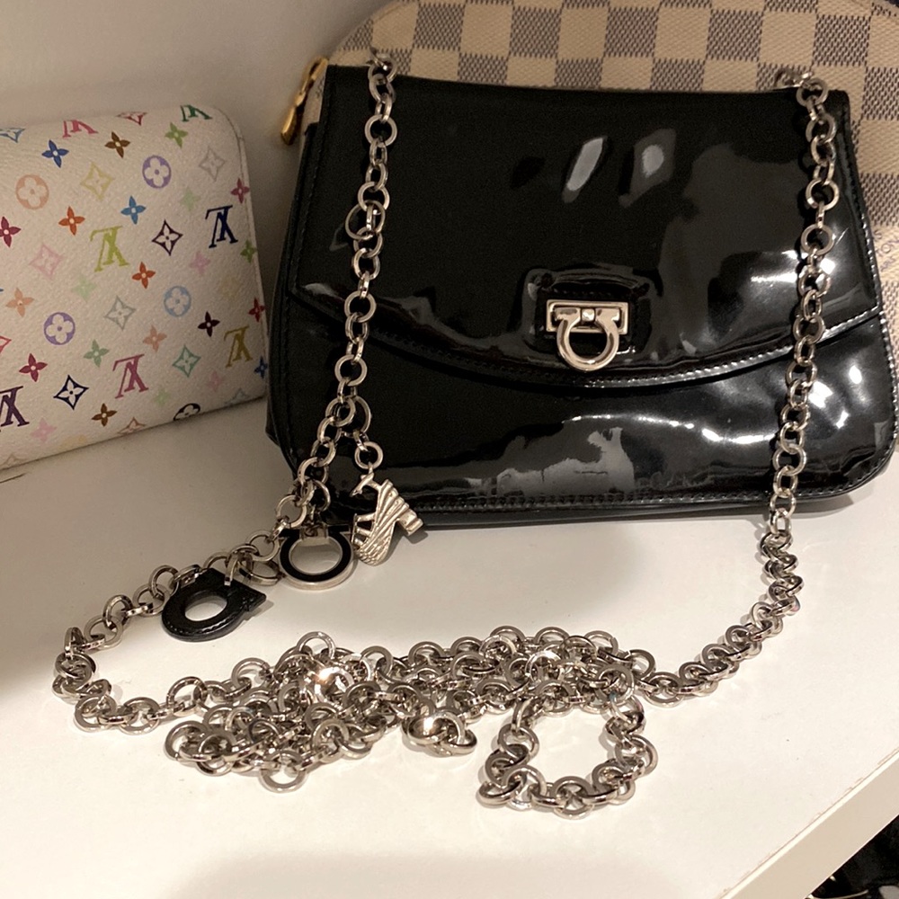 Authentic vintage Ferragamo evening bag, black patent shoulder or cross body